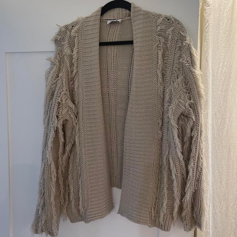 Storia Cream Fringe Knit Cardigan Boho Sweater Size M
